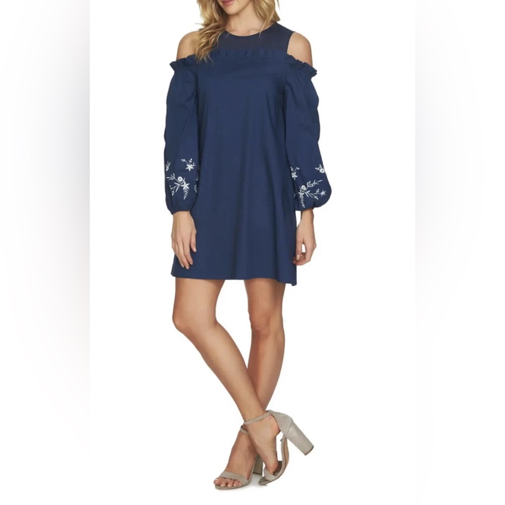 CeCe Cold Shoulder Navy Blue Embroidered Long Sleeve Shift Dress Size 10
